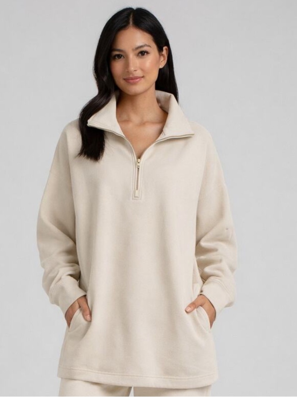 J.Crew University Terry Long Half-Zip Tunic Ivory Cream